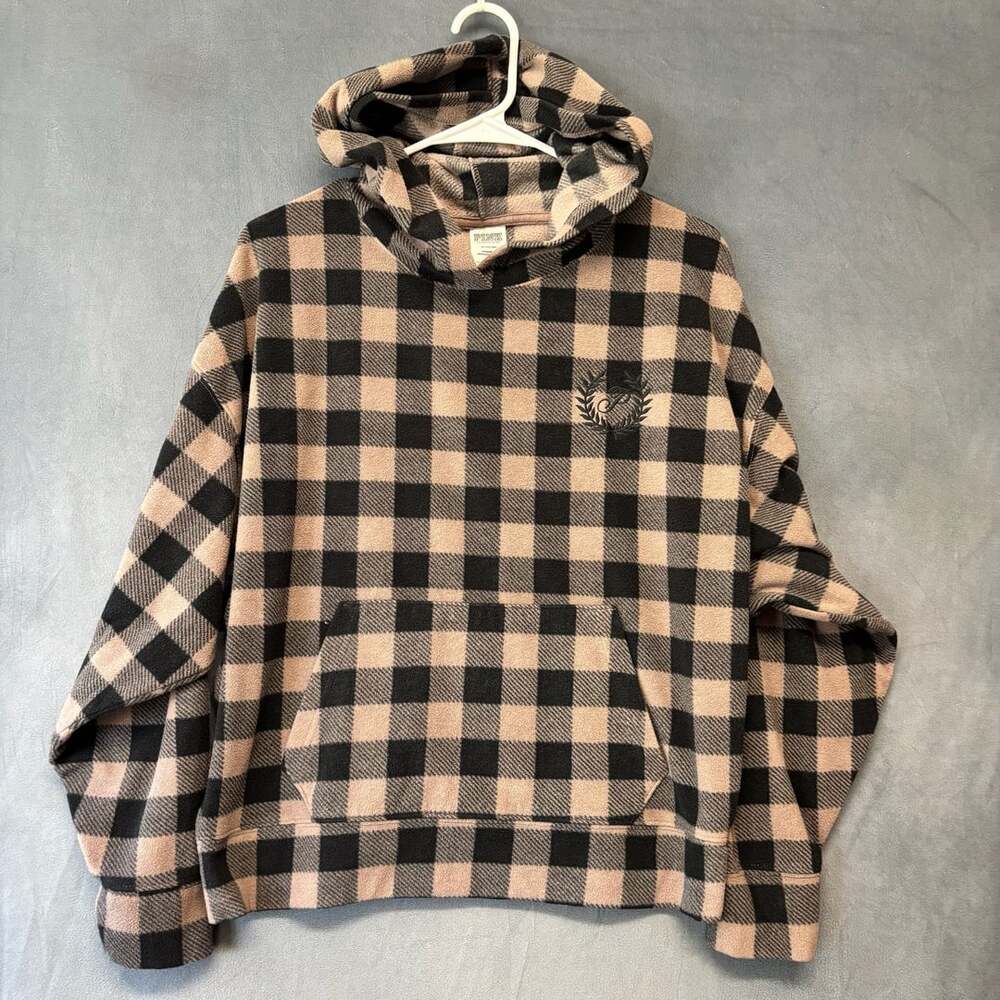 Victoria's Secret Pink Tartan PolarFleece Hoodie Cozy Boxy Womens Medium